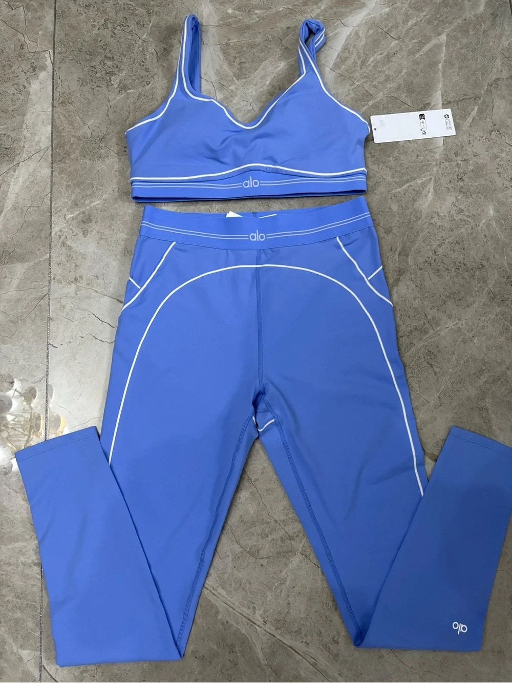 ALO Yoga Women's Two-Piece Active Set in Periwinkle Blue with White Trim